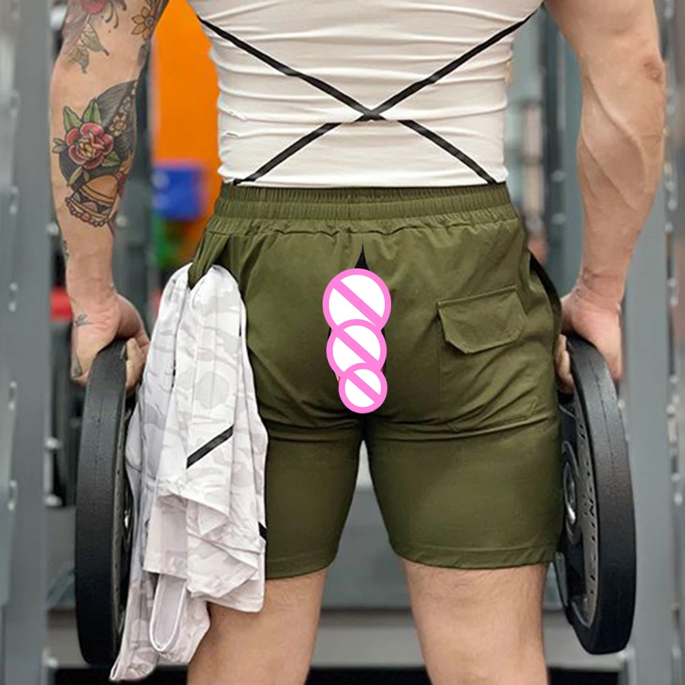 Men's Athletic Shorts Quick Drying Invisible Open Crotch Outdoor Sex Basketball Training Tight Breathable Running Fitness Pants
