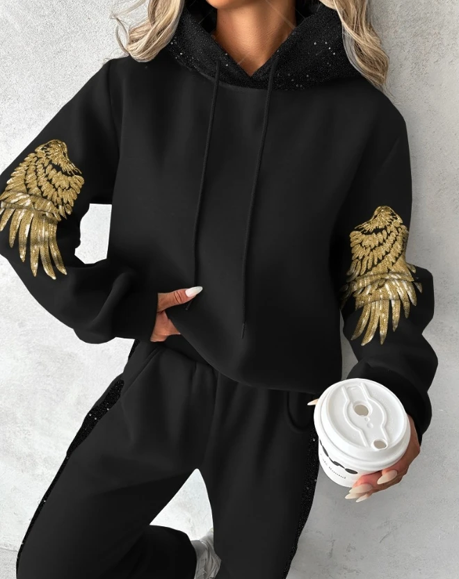 Two Piece Set Women Outfit Autumn Fashion Sequin Wings Pattern Long Sleeve Hooded Sweatshirt & Casual Pocket Sweatpants Set