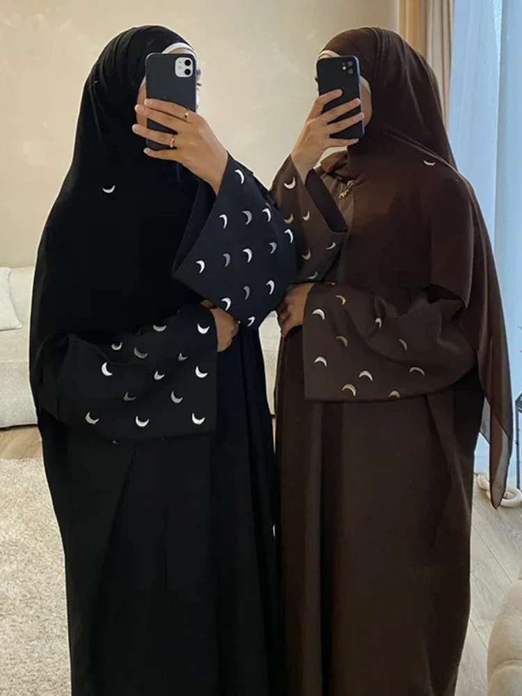

ИД Луна вышивка мусульманская абайя для женщин кардиган платье Рамадана морокко на шнуровке абайя, кафтан ислам Дубай Арабский длинный халат 2024