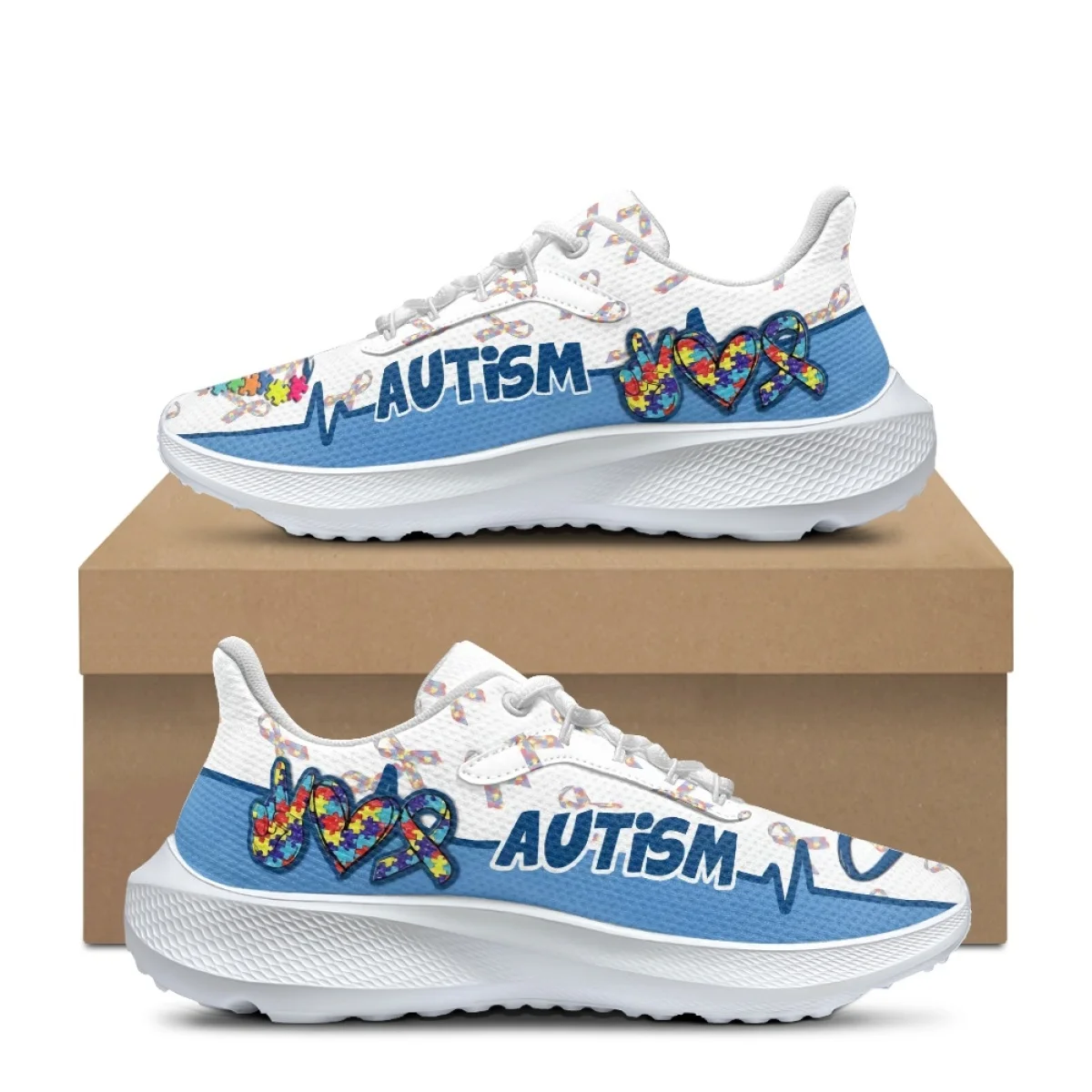 Autism Awareness Cartoon Pattern Women's Spring and Autumn Sneakers Wear-Resistant Outdoor Teens Tennis Shoes Lace Up  Footwear