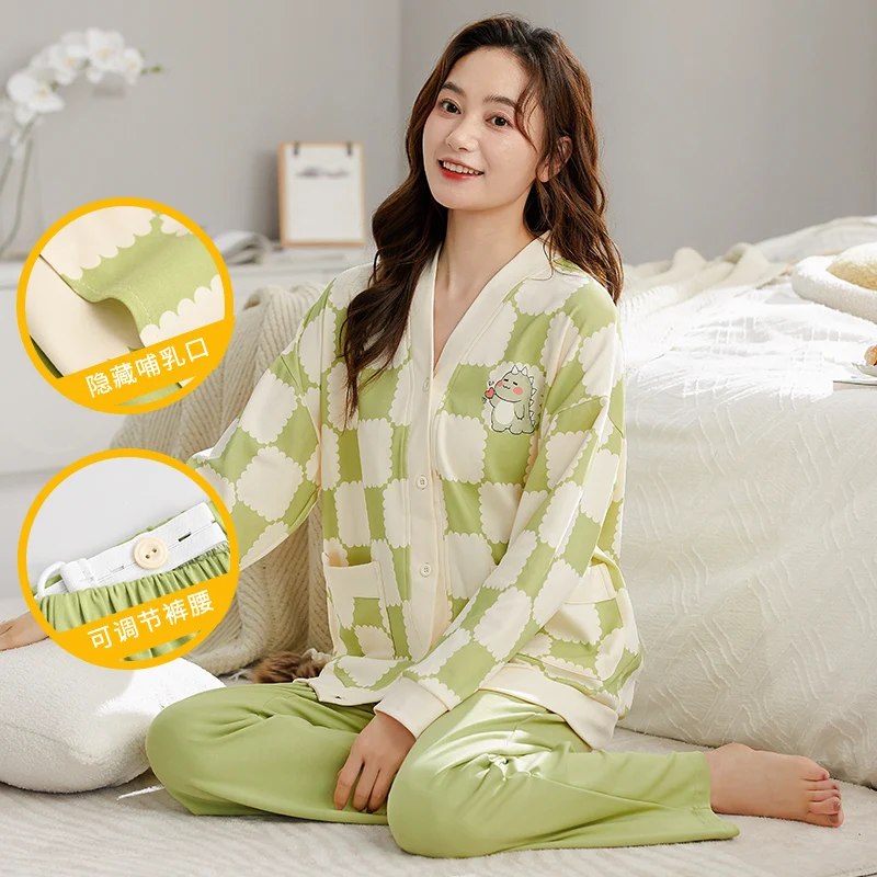 Spring Postpartum Woman Breastfeeding Clothes Set Long Sleeve V-neck Fashion Plaid Nursing Shirts Pants Maternity Pajamas Suits