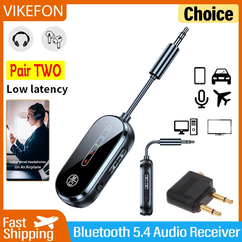 Pair TWO Bluetooth 5.4 Audio Transmitter Receiver Low Latency 3.5mm AUX Airplane Hifi Wireless Adapter For TV Car PC Headphones