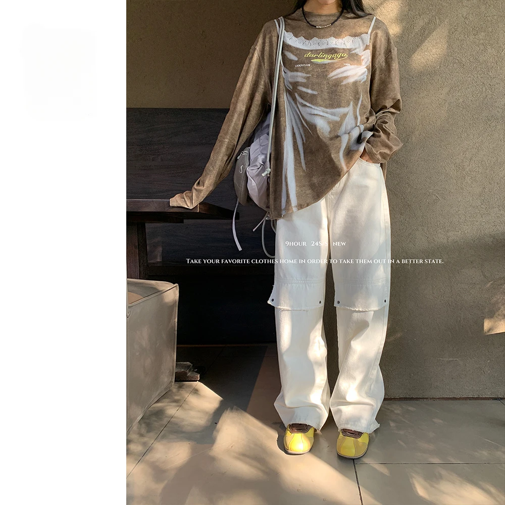 Personality Tooling Fake Pocket Korean Jeans Womens Four Seasons Ins Joker Wide-leg Casual Pants  High Waisted Jeans