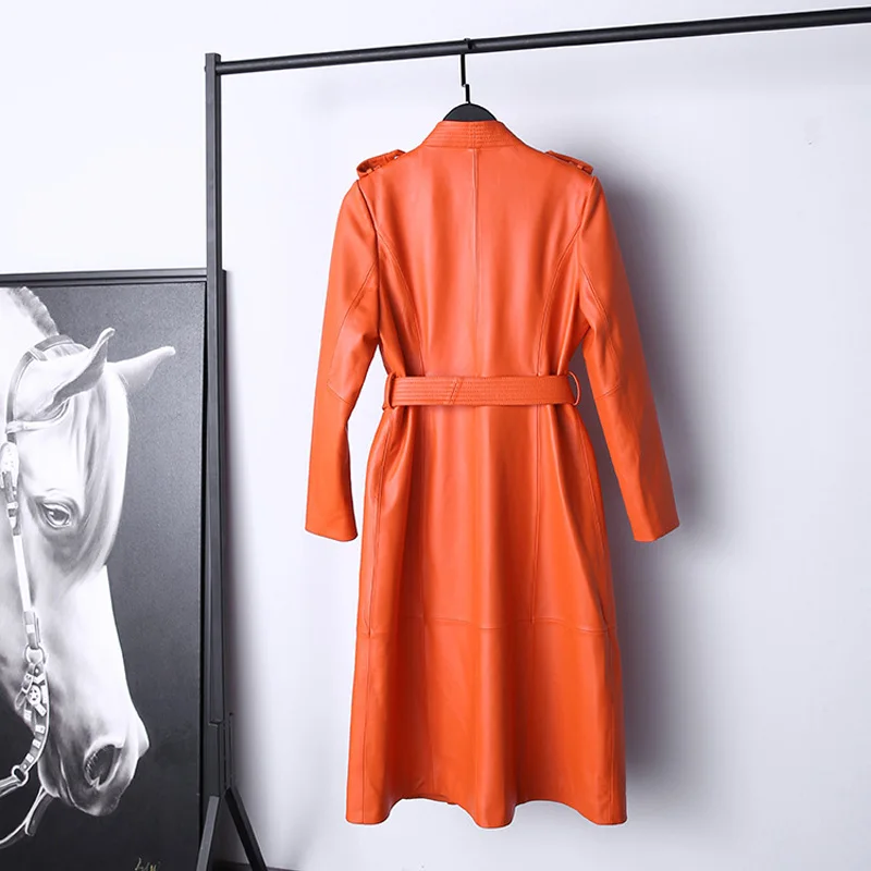 Leder Graben Mantel für Frauen 2022 Orange V-ausschnitt Zweireiher Gürtel Spitze Up Schlank Warm Lange Windjacke Manteau Femme Hiver