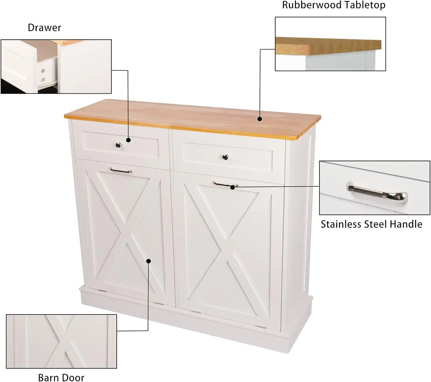 Out Trash Cabinet Can Bin Kitchen 20 Gallon Wooden Free Standing Laundry Sorter,Recycling Cabinet with Hideaway Drawer, (White) 5