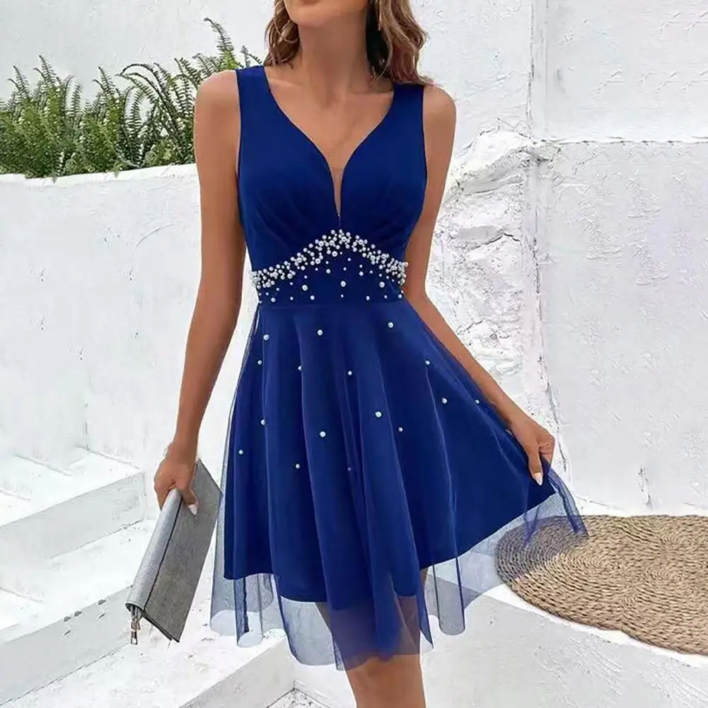 

Mesh Women Dress Elegant V Neck Pearl Embellished A-line Evening Dress with Double-layer Mesh Overlay High Waist for Summer