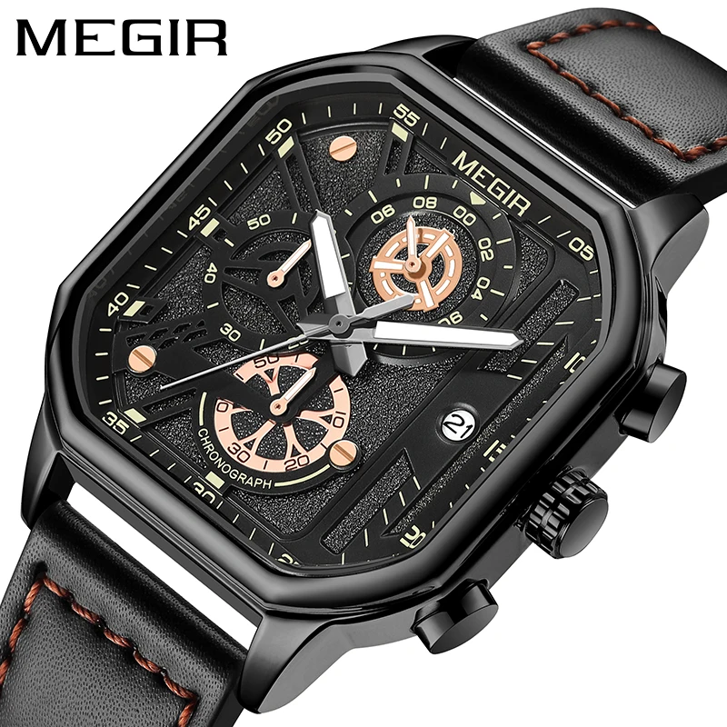 MEGIR Fashion Square Dial Quartz Watch Men Military Sport Chronograph Analog Quartz Wristwatch with Auto Date Relogio Masculino