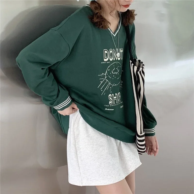 Women V-Neck Looe Casual Sweatshirts Spring Autumn All-Match Streetwear Long Sleeve Tops Preppy Style Fashion Printed Pullovers