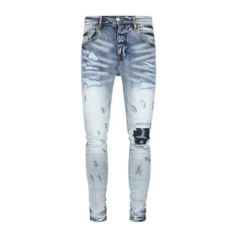 

High Street Fashion New Light Blue Jeans Elastic Slim Fit Wash Nostalgic Jeans Hip Hop Brand Hole Patch Men's and Women's Same S