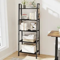 Bookshelf, Ladder Shelf, Freestanding Corner Storage Shelve with 2 Hooks for Home Office, Living Room, 5-Tier Black Bookcase 1