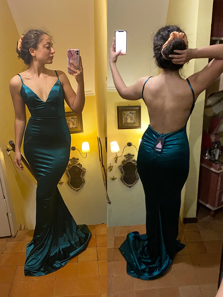 Deep V Neck Stretch Satin Floor Length Dress Long Mermaid Bodycon Backless Evening Party Bridesmaids Prom Gown 5