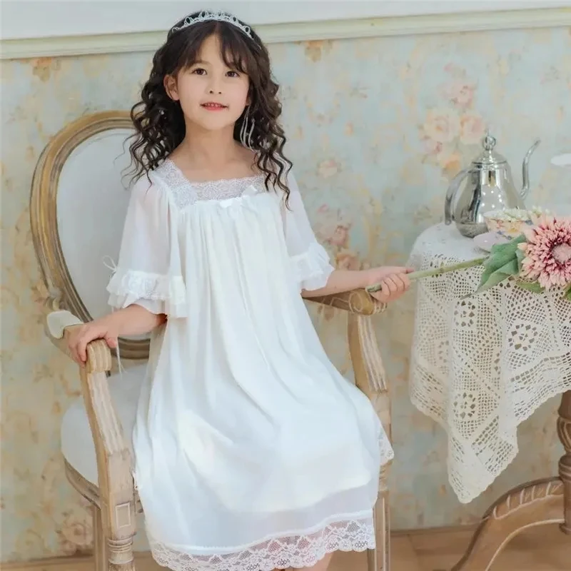 1 PC Summer Girl Short-sleeved Princess Princess Style Baby Nightdress Soft Breathable Home Wear Girl's Lace Mesh Pajamas