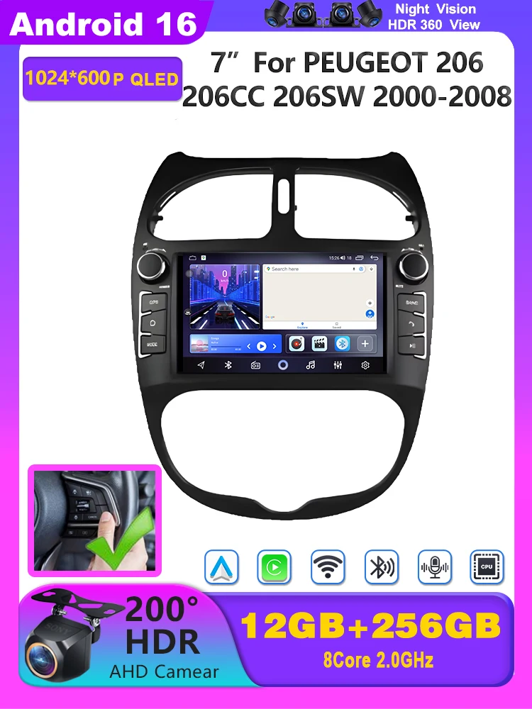 Radio Estéreo para Auto con Android 16 para PEUGEOT 206 206CC 206SW 2000-2008, Reproductor Multimedia, Carplay, 4G, WIFI, GPS, BT, Navegación, Unidad Principal 2