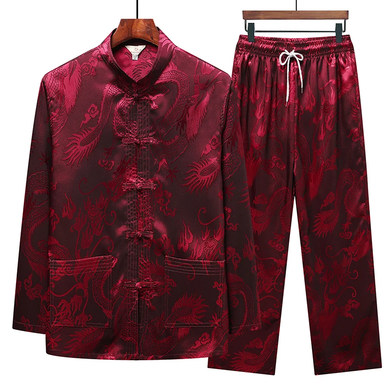 Tang Suit (top + Pants) Dad Chinese Style Hanfu for Middle-aged and Elderly Men Imitation Mulberry Silk Satin Jacquard Suit 3