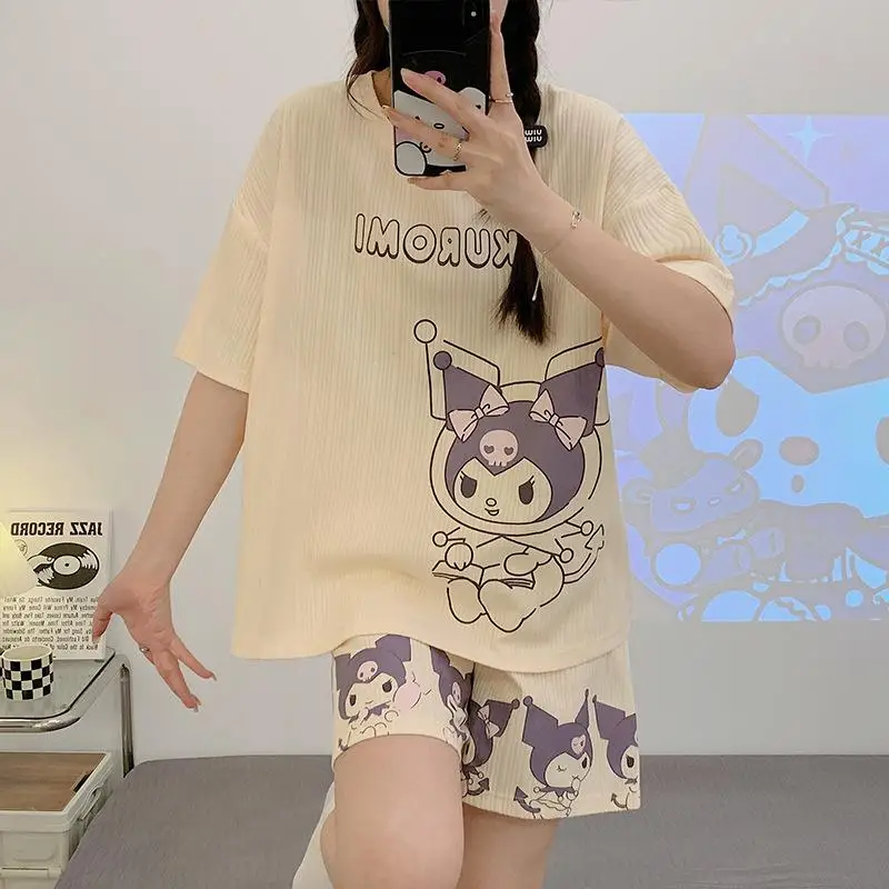 

Sanrios Anime Kuromi cotton Pajamas Suit My Melody Kawaii Cartoon Nightgown 2Pcs Cinnamoroll Summer cute Home Wear Girl Gift