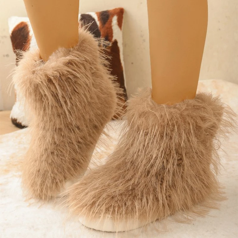 Y2K Fluffy Snow Boots for Women Outdoor Lightweight Thick Sole Plush Boots Woman Soft Faux Fur Warm Round Toe Cotton Shoes Lady - Image 2