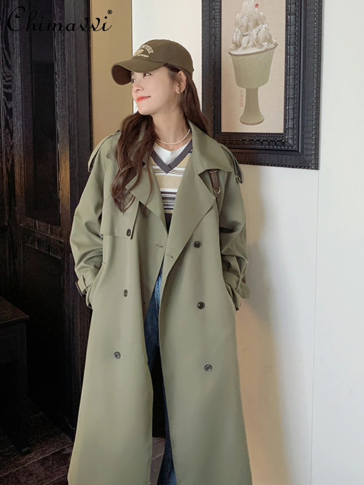 Fashion Solid Color Long Sleeve Suit Collar British Women's Trench Coat 2023 Autumn Winter Loose Double Breasted Commuter Coat