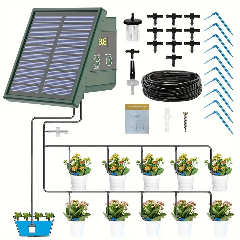 1pc DIY Solar-Powered Automatic Drip Irrigation System for Raised Beds Greenhouses Vegetable Gardens Balcony Hanging Plants
