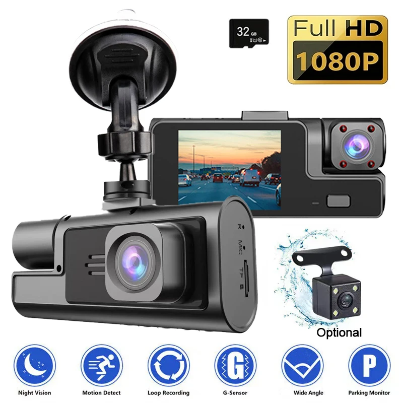 3 Camera Car DVR Mini 1080P Inside Vehicle Dash Cam Three Channel DVRs Recorder Video Registrator Mini Dashcam Camcorder