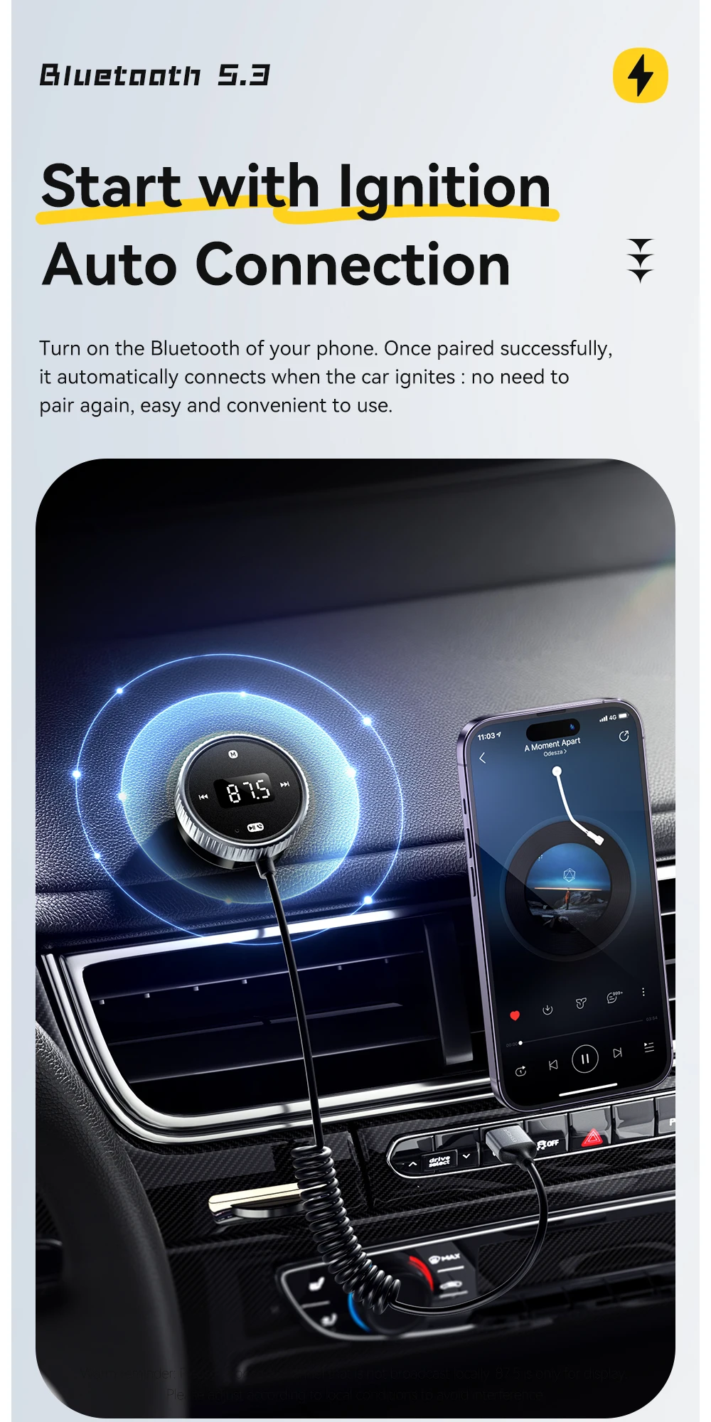 Car Bluetooth 5.3 FM Transmitter Built-in Mic Handsfree LED Display 3.5mm AUX Ad