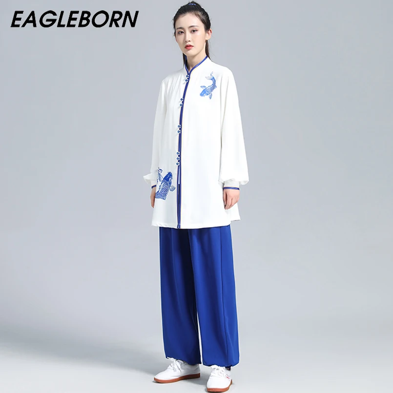 

New Traditional Chinese Clothing for Men Traditional Chinese Tops for Women Sets Kungfu Clothing Tai Chi White Uniform Koi Logo