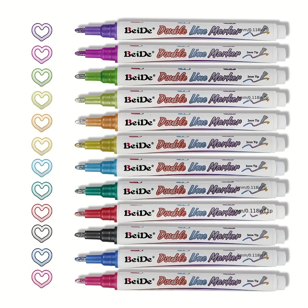 Double Line Outline Markers, 12 Colors, Shimmer Markers, Self-Outline Metallic Markers,Outline Pens, Craft Pens