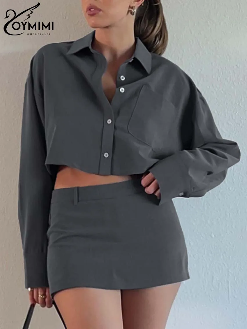 Oymimi Elegant Grey 2 Piece Sets Women Outfit Fashion Long Sleeve Button Pockets Crop Shirts And Simple Slim Mini Skirts Sets