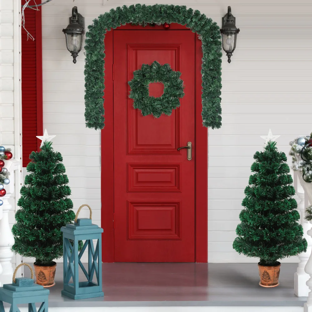 Home Decor Pre-lit Optical Fiber Christmas Artificial Tree 4-Piece Set,Wreath and Set of 2 Entrance Trees with Colorful Lights