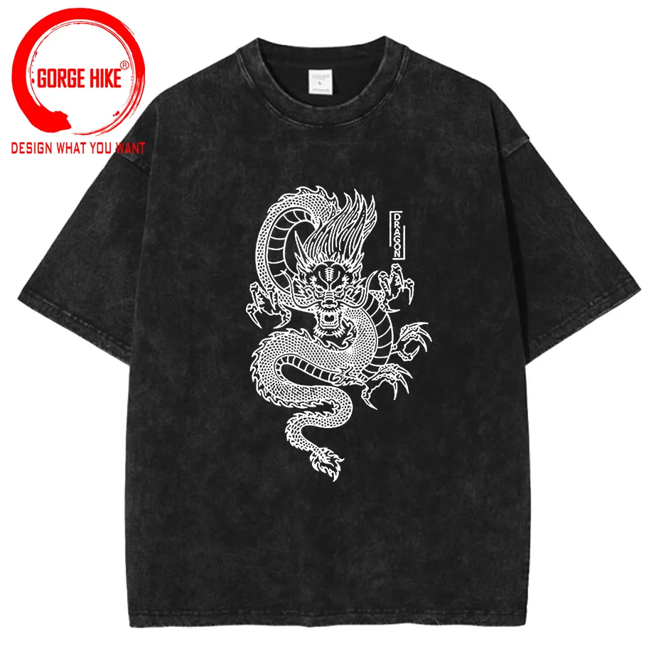 

Мужская хлопковая футболка с принтом китайского дракона, свободная промытая хлопковая футболка в стиле ретро, 270 г/кв. М, для лета