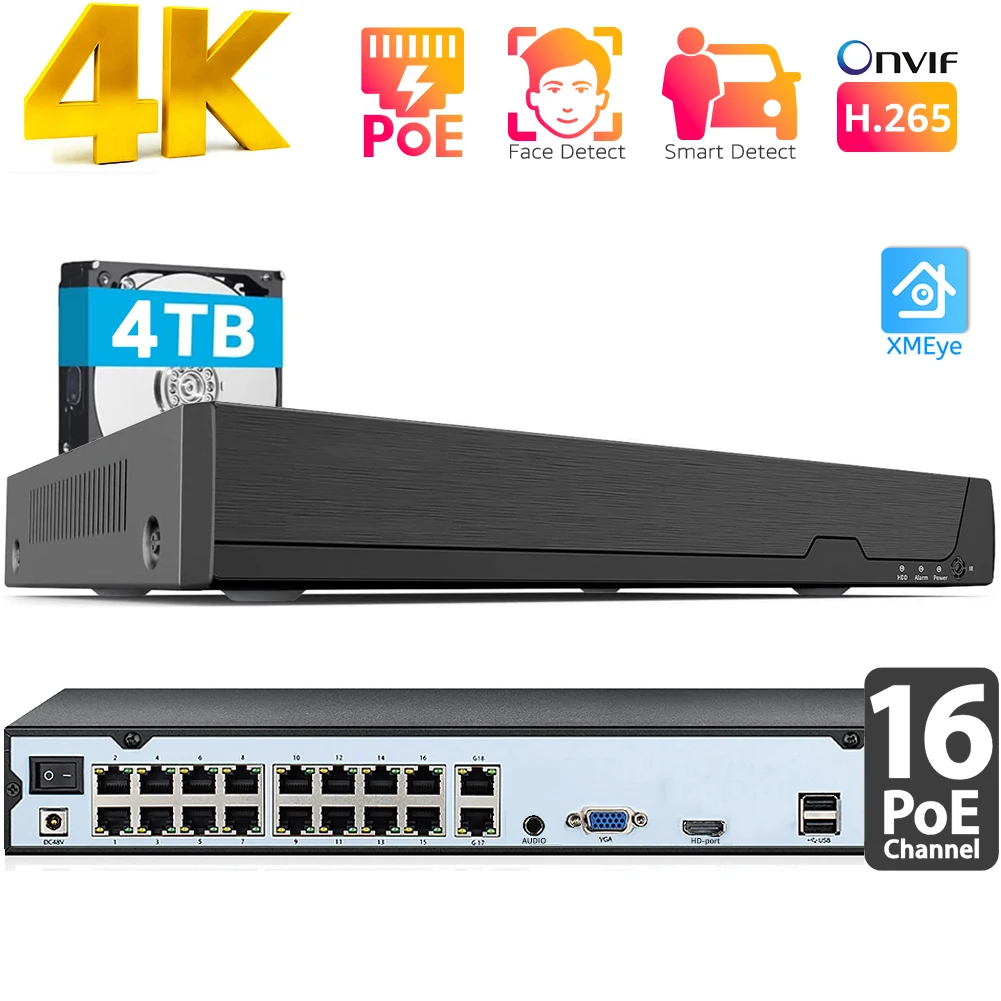 

16Ch 4K PoE NVR XMeye 8MP Network Video Recorder for IP Cameras H.265 Onvif NVR Recorders Face Detection Security Systems CCTV