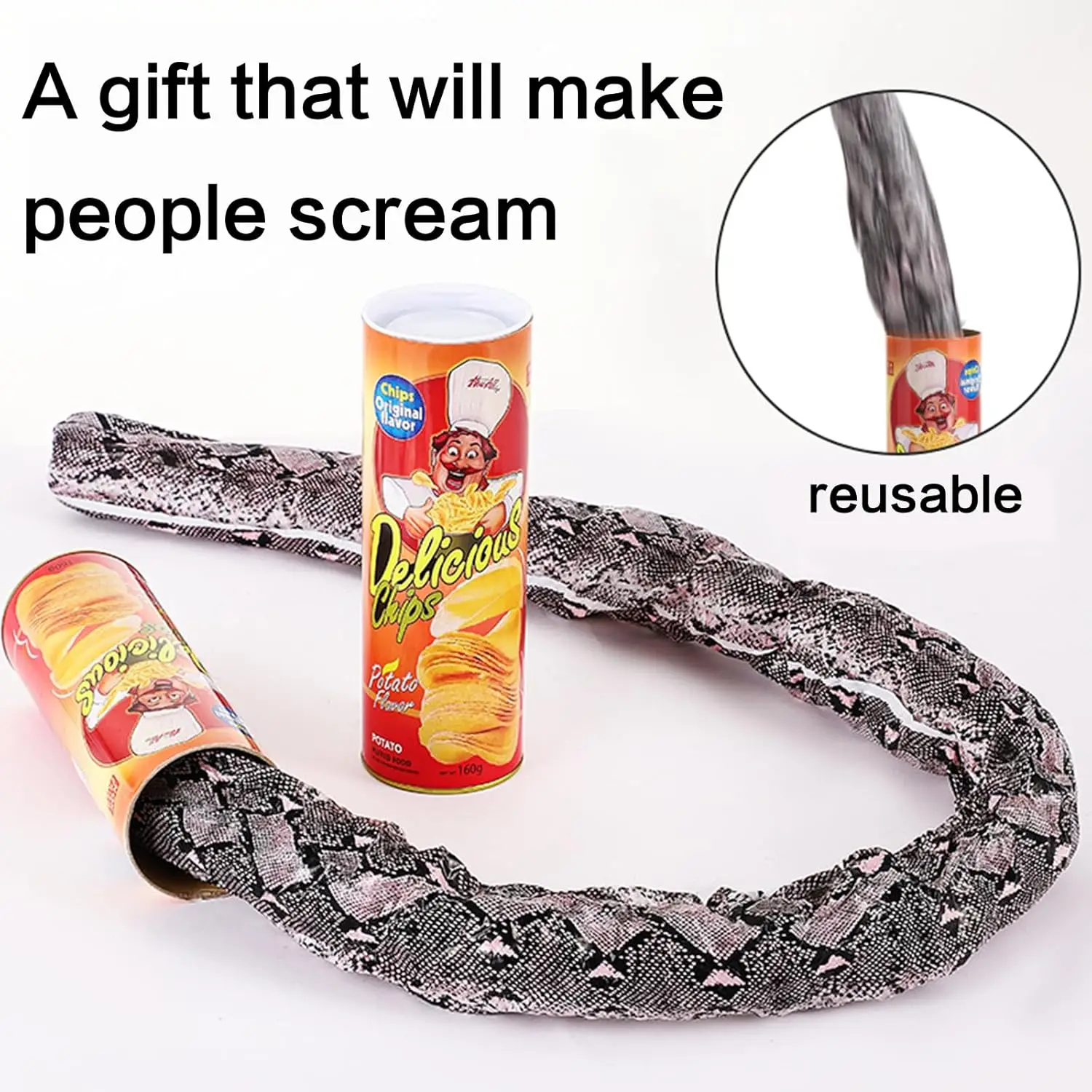 Funny Potato Chip Can Jump Spring Snake Toy Scare Prank Fun Surprise Joke Prank Trick Toy for Kids Party Game Christmas Gift