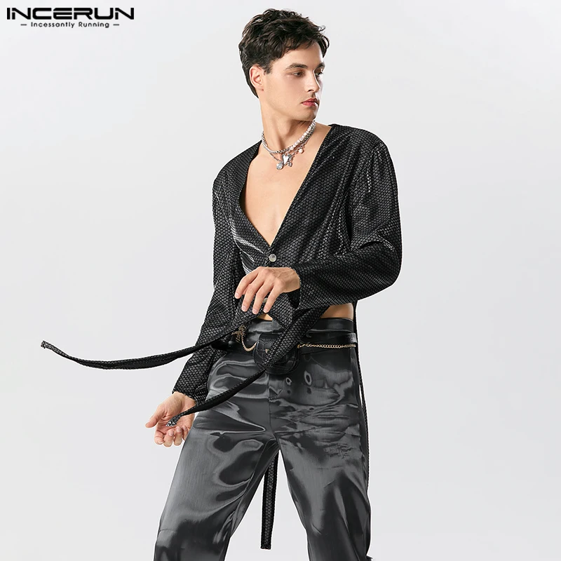 

INCERUN 2023 Men Irregular Blazer Sparkling V Neck Long Sleeve Button Autumn Vests Streetwear Fashion Casual Thin Coats S-5XL