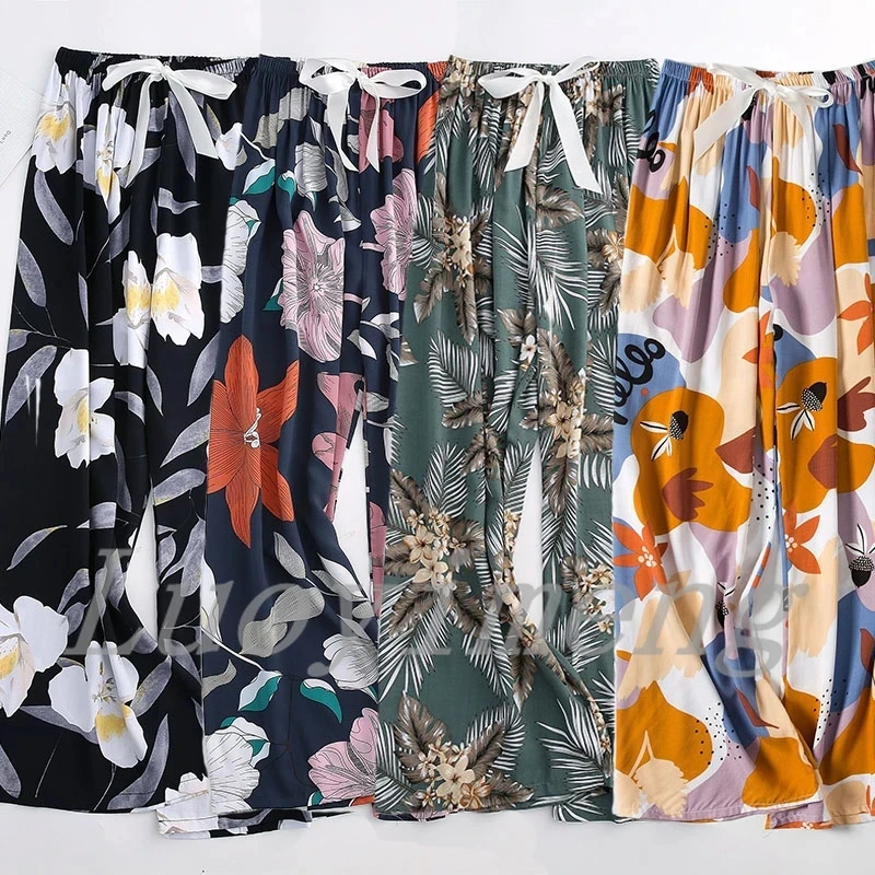 

Summer Sleepwear Women Pants Pajama Printed Wide Leg Sleep Bottoms Cotton Pants Calf-Length Pants Elastic Waist Casual Clothes