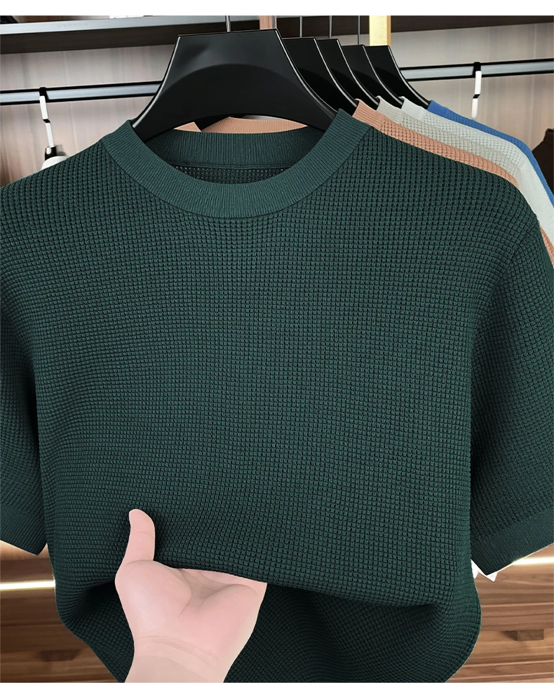 Hochwertiges Gestricktes Kurzarm-T-Shirt für Herren Sommer Trendiges Klassisches Einfarbiges Koreanisches Lässiges Bequemes Atmungsaktives Rundhals-Oberteil – Detail 17