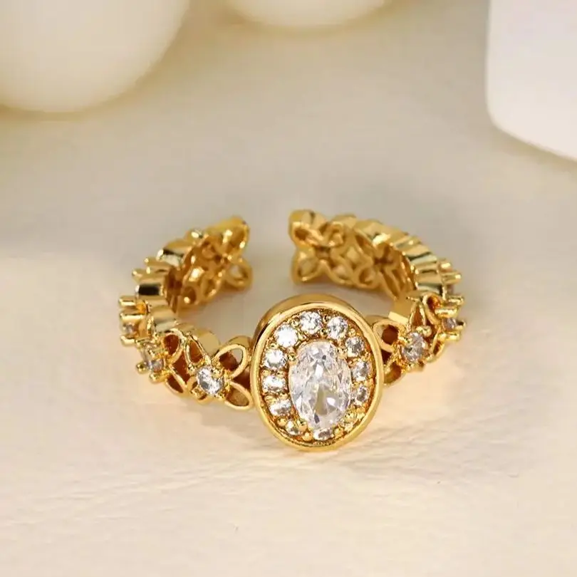 Zircon Oval Flower Rings for Women 18K Gold Plated Stainless Steel