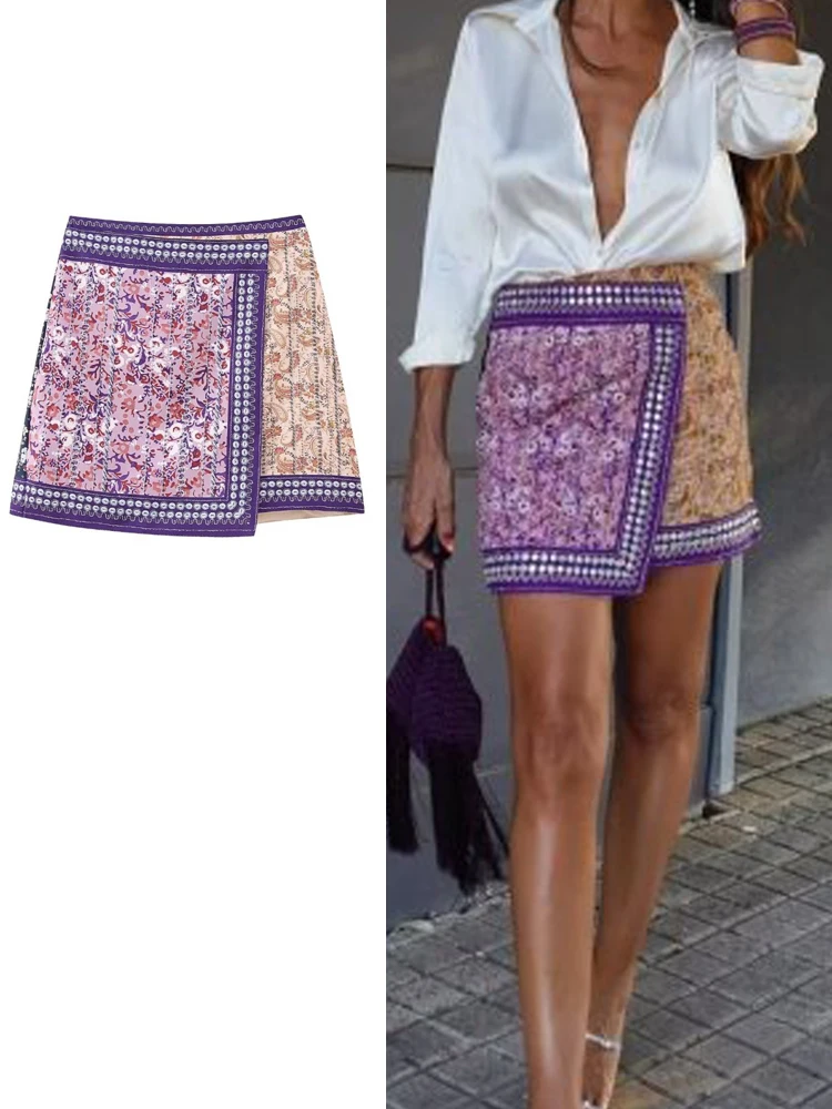 

TRAF 2023 New Summer Women Fashion Asymmetric Simple Design Casual Mini Skirt High Waist Female Chic Print Skirts