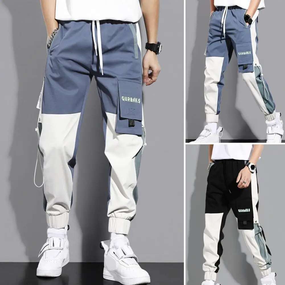 Men Cargo Pants Color Block Elastic Waist Ribbons Harem Trousers Streetwear Korean Style Loose Fit Ankle Tied Jogging Pants for