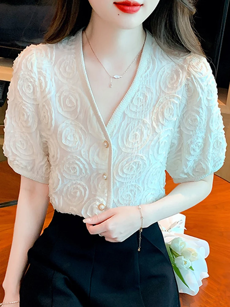 

Summer Women Tops Casual V-Neck Lace Blouse Shirt Short Sleeve Blouse Women Blusas Mujer De Moda 2023 Verano Shirts Blusa G490