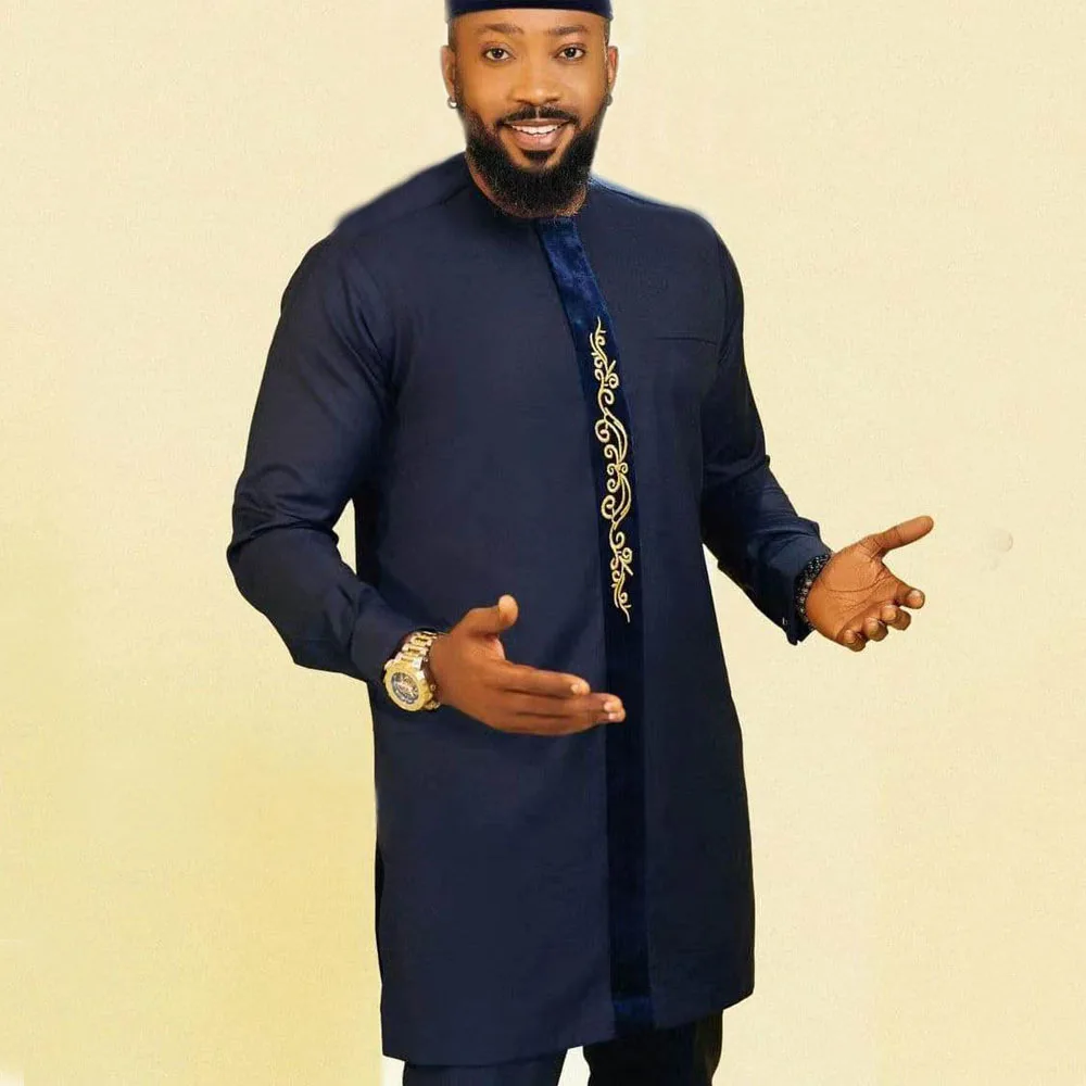 Spring and summer African clothing cotton solid color splicing long sleeve Pullover wedding banquet men's national style shirt