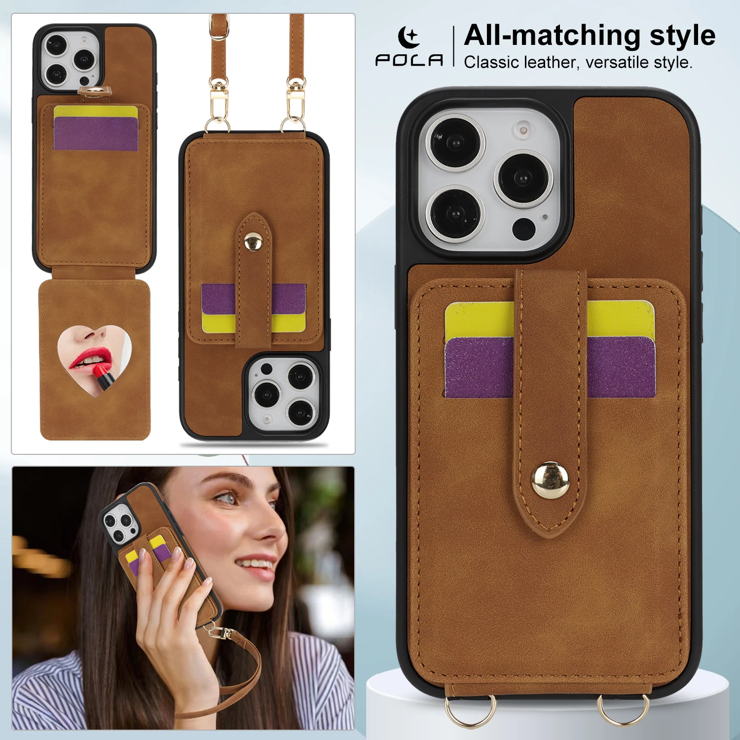 Elegant Mirror Crossbody Wallet with Card Slots, Leather Design, Lanyard and Flip Stand Cover