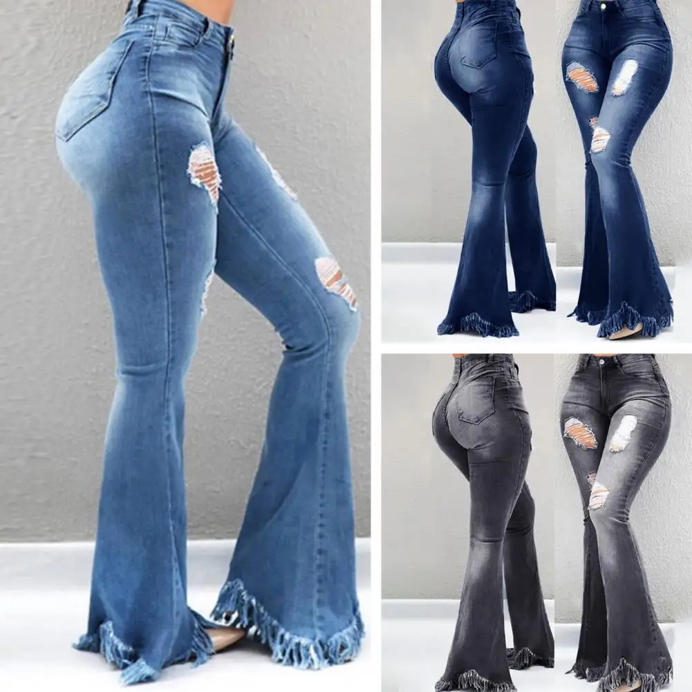 

Slimming Flared Jeans Stylish Women's Autumn Denim Flared Pants with High Waist Ripped Holes Design Tassel Cuffs for A