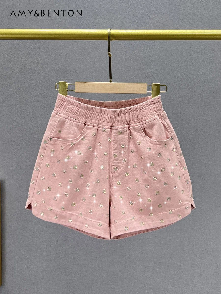 

European Denim Shorts for Women 2024 Summer New All Match High Waist Loose Slim Ins Shorts Fashion Rhinestone Y2K Wide Leg Pants