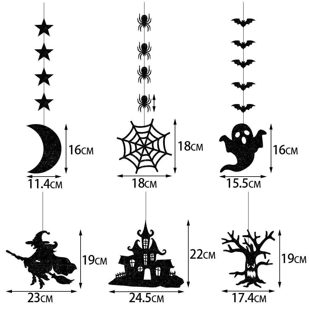 6Pcs Halloween Black Hanging Wizard Ghost Spider Ornament PVC Hanging Spider Star Moon Backdrop Decor for Haunted House Decor