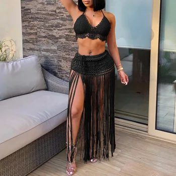 Women's Sexy Halter Lace up swimsuit Pure Hand hook knitted beach bikini top Extended Tassel Skirt Two Piece Sets Split Swimsuit 1
