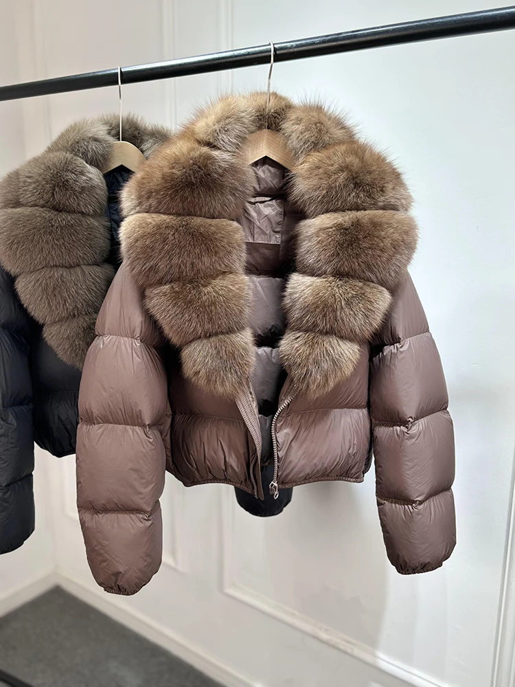 Janveny 2025 New Puffer Jacket Women With Large Natural Fox Fur Collar Short Fluffy Thick Parkas Female 90% White Duck Down Coat