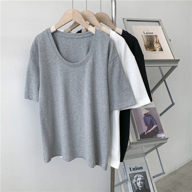 Brushed Cotton Short-Sleeved U-Neck White T-shirt Women's Pure Season Loose Casual Solid Color Outerwear Simple Top T-shirt