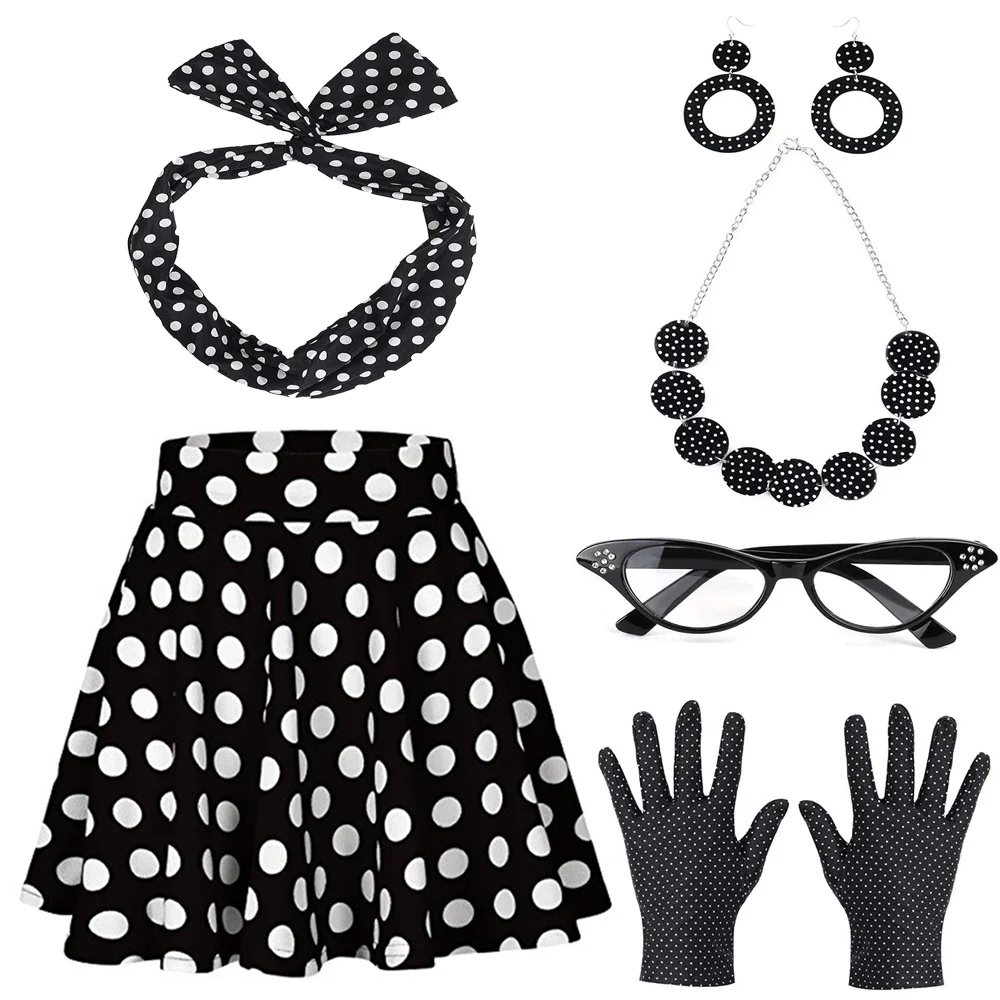 thumbnail image 1 of Disfraces de los años 50 para mujer, falda de línea A de punto negro retro de los años 50 con accesorios, traje de Halloween, disfraces de cosplay, 1 of 5
