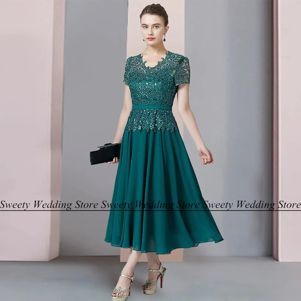 Jiayigong Emerald Green V Neck Mother of The Bride Dress Short Sleeves Beads Lace Tea Length Chiffon A Line Wedding Guest Gown