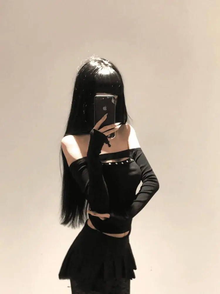 รูปสินค้า เสื้อแขนยาว Y2k Slim ปิดไหล่ สีดำ แฟชั่นฤดูใบไม้ร่วง