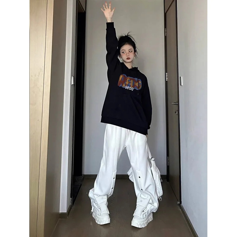 Black Thicken Hoodies Women Letter Printed Aesthetic Fleece Hooded Sweatshirts Autumn Winter Oversized Harajuku Y2k Tops